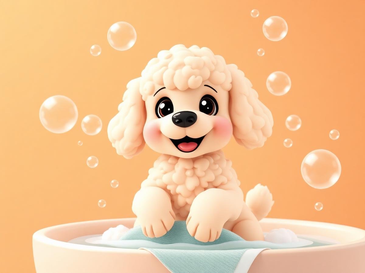 Poodle feliz tomando banho com bolinhas de sabão